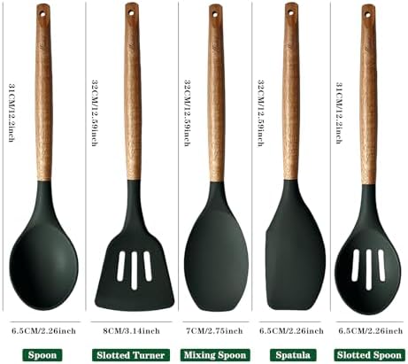 Non-Stick Silicone Cooking Utensils Set with Natural Acacia Hard Wood Handle, 5 Piece, High Heat Resistant (Green)