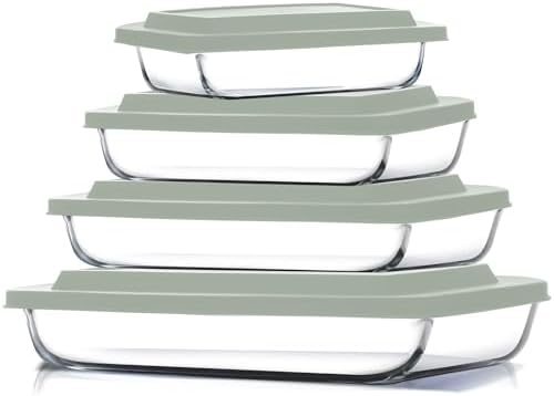 Eatex 8-Piece Deep Glass Casserole Dishes for Oven with Plastic lids, Rectangular Glass Baking Dish Set, Baking Pans for Lasagna,Leftovers, Cooking, Kitchen, Freezer-to-Oven and Dishwasher, Sage Green