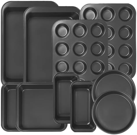 KOOMADE 10PCS Nonstick Baking Pans Set - Bakeware Sets for Cooking, Oven and Dishwasher Safe, Non Toxic, Includes Cookie Sheets for Baking, Muffin Pan, Bread Pan, Cake pan, Loaf Pan Roasting Pan Black