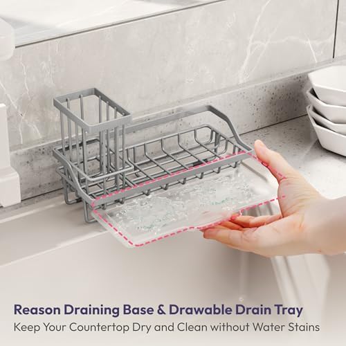 SWTYMIKI Sink Caddy Sponge Holder - Kitchen Sink Organizer with High Brush Holder for Countertop to Hold Dish Soaps and Sponges, Stainless Steel, Gray