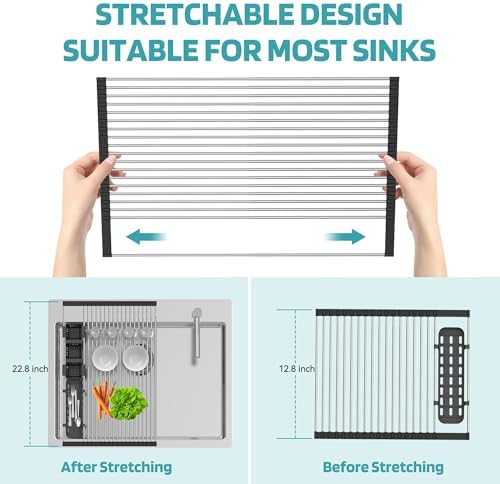 BBXTYLY Extra Large Black Expandable Roll Up Dish Drying Rack Up to 22.8''with 2 Storage Baskets,Over The Sink Kitchen Rolling up Dishes Drainer, Foldable,Rollable
