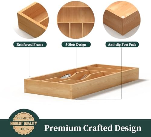 Silverware Organizer, Bamboo Kitchen Drawer Organizer, Utensil Holder, Cutlery Tray & Spoon Flatware Storage with Grooved Drawer Dividers (6.7''W x 15.5''D)