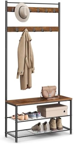 VASAGLE Coat Rack, Hall Tree with Shoe Storage Bench, 3-in-1, Steel Frame