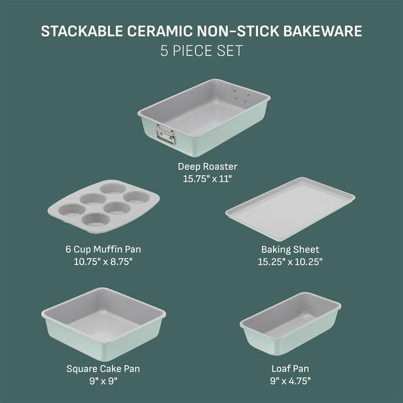 T-fal Refresh Ceramic Nonstick Baking Pans Set (5 Pieces), Roaster, 6-Cup for Muffins, Loaf, Square Baking Sheets Non Stick, Stackable Bakeware Sets, Mint Green