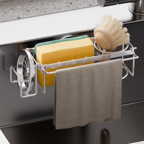 TAILI 4-in-1 Sponge Holder for Kitchen Sink with Strong Suction Cup-Silver