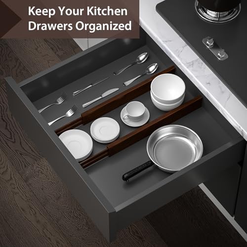4 Pack Bamboo Drawer Dividers 17-22" Adjustable Kitchen Organizer, Mocha