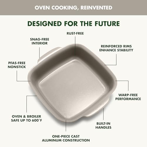 GreenPan Premiere Ovenware Healthy Ceramic Nonstick 8" Square Cake Baking Pan, PFAS-Free, Warp-Free Bakeware, Durable Quick Heating, Oven & Broiler Safe to 600F, Dishwasher Safe, Taupe