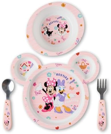 The First Years Disney Minnie Mouse Kids Dinnerware Set - Includes Toddler Plate, Bowl, Fork, and Spoon - Baby Led Weaning Supplies - 4 Count- Ages 9 Months and Up