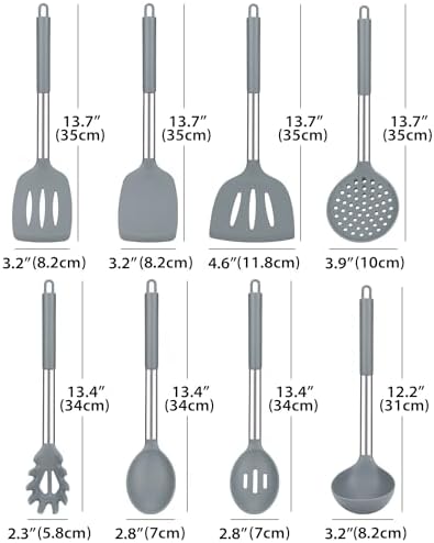 Silicone Kitchen Utensils Set, 8Pcs Cooking Utensils with Holder, Gray