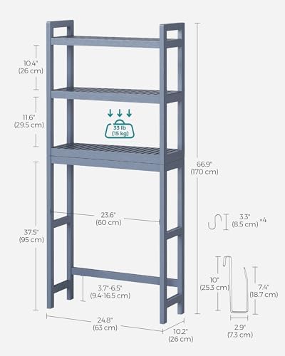 SONGMICS 3-Tier Bamboo Over The Toilet Storage, Adjustable Shelf, 66.9''H