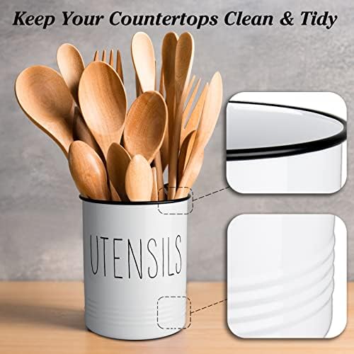 Bivvclaz Kitchen Utensil Holder, 6.7" Utensil Holder for Kitchen Counter, Cooking Utensil Crock with Cork Bottom, Modern Farmhouse Decor, Countertop Utensil Storage Caddy Organizer, White