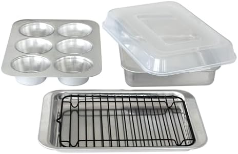Nordic Ware Naturals 5 Piece Compact Pan Set, Toaster Oven, Counter Ovens, Air Fryer and Broiler Safe, Size for 1-2 Portions - Includes Rectangular Pan, Muffin Pan, Baking Sheet, Broiling Rack and Lid
