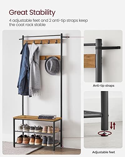 VASAGLE Coat Rack, Hall Tree with Shoe Storage Bench, 3-in-1, Steel Frame
