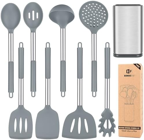 Silicone Kitchen Utensils Set, 8Pcs Cooking Utensils with Holder, Gray