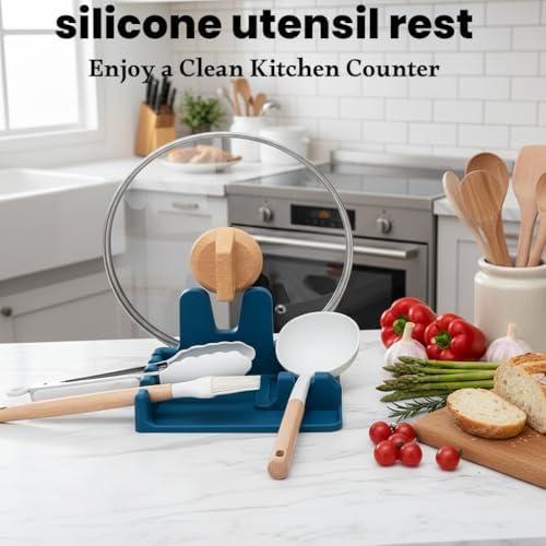 AUOON Silicone Utensil Rest with Lid Holder, Large, Fog Blue