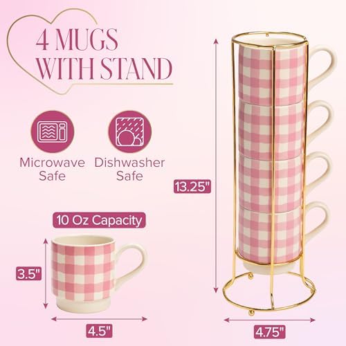 Paris Hilton Stackable Coffee Mug Set with Gold-Tone Rack, Gingham Ceramic Stoneware Cups for Coffee, Tea & Latte, Microwave & Dishwasher Safe, 4-Piece, 10-Ounce, Pink