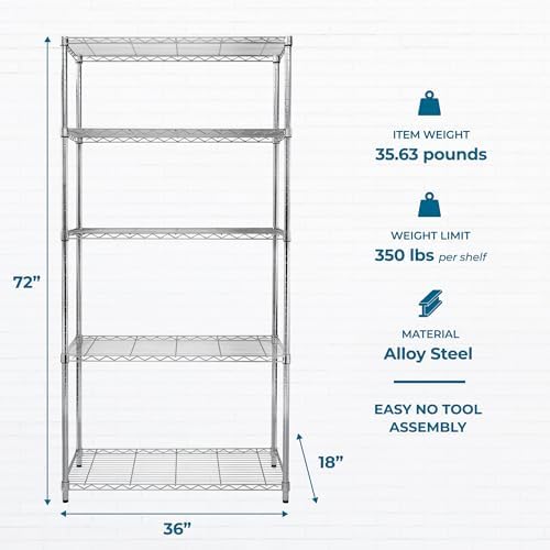 Honey-Can-Do 5-Tier Rolling Chrome Wire Shelf, NSF, 350 lb/Shelf, 36x18x72