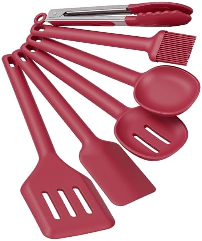 Kitchen Utensils Set 6 PCS,Silicone Cooking Utensils Set Spatula Set,446℉ Heat Resistant Cooking Utensils,Tongs,Spoon,BPA Free Kitchen Gadgets Appliances for Non-Stick Cookware,Home Essential(Red-6P)