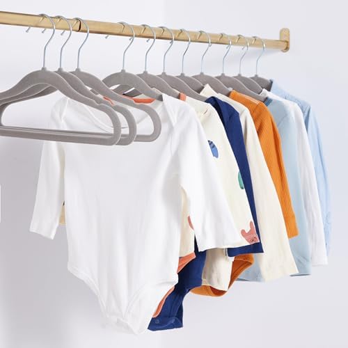Amazon Basics Kids Space Saving Velvet Non-Slip Clothes Hangers with Shoulder Notches for Infant and Toddler, Sturdy, 11.6", Gray, 50-Pack