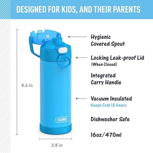 THERMOS FUNTAINER 16 Ounce Stainless Steel Vacuum Insulated Bottle with Wide Spout Lid,Electric Blue,(Pack of 6)