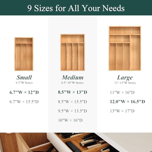 Bamboo Silverware Organizer, Kitchen Drawer Organizer, Utensil Holder, Cutlery Tray & Spoon Flatware Storage with Grooved Drawer Dividers (12''W x 16.5''D)