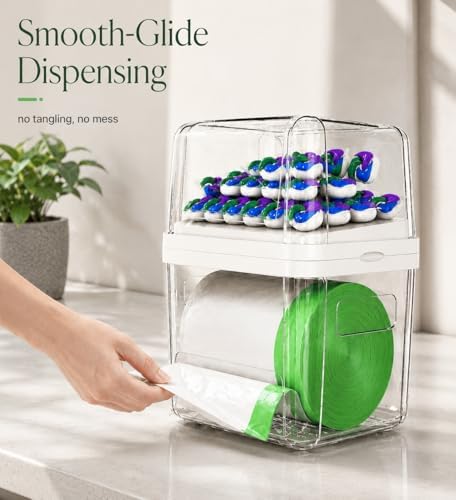 Trash Bag Dispenser Dishwasher Pods Organizer, Clear Acrylic Garbage Bag Holder Under Sink Organizer, Laundry Pods Container Kitchen Pantry Laundry Room