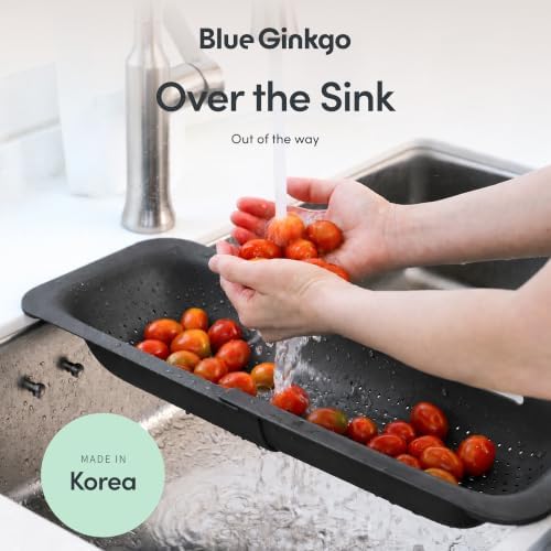 Blue Ginkgo Over Sink Colander, Extendable Kitchen Strainer, 2-Pack, Black