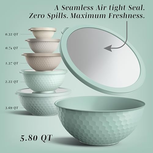 COOK WITH COLOR Mixing Bowls with Lids - 12 Piece Plastic Nesting Bowls Set includes 6 Prep Bowls and 6 Lids, Microwave Safe Mixing Bowl Set, Mint Embossed