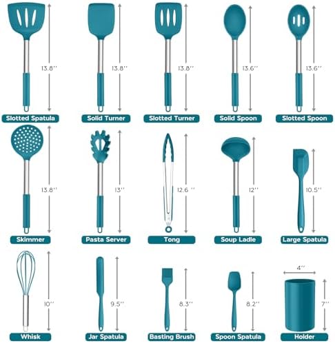 Onader 15pcs Kitchen Cooking Utensils Set with Holder, Onader Heat Resistant Silicone Kitchen Utensils Spatula Set with Stainless Steel Handle - Blue