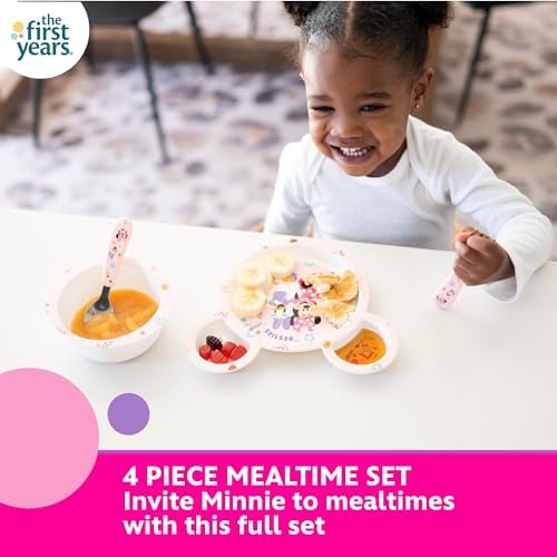 The First Years Disney Minnie Mouse Kids Dinnerware Set - Includes Toddler Plate, Bowl, Fork, and Spoon - Baby Led Weaning Supplies - 4 Count- Ages 9 Months and Up, Small (Pack of 12)