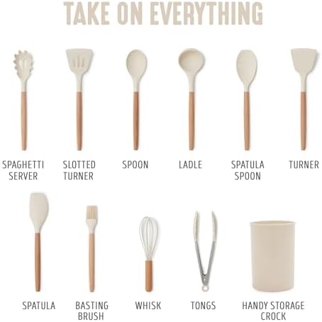 GreenLife 11 Piece Silicone Utensil Crock Set, Nonstick Kitchen Tools, Ladle, Turner, Slotted Turner, Spatula, Spoon, Spaghetti Server, Brush, Whisk, Tongs, Crock, Cream White