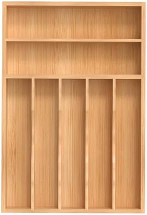Silverware Organizer, Bamboo Kitchen Drawer Organizer, Utensil Holder, Cutlery Tray & Spoon Flatware Storage with Grooved Drawer Dividers (11''W x 16''D)