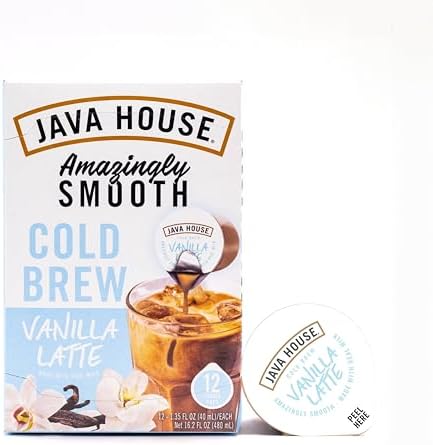 JAVA HOUSE French Vanilla Latte Cold Brew Coffee Pods, (12 Count) Peel and Pour Pods Hot or Iced