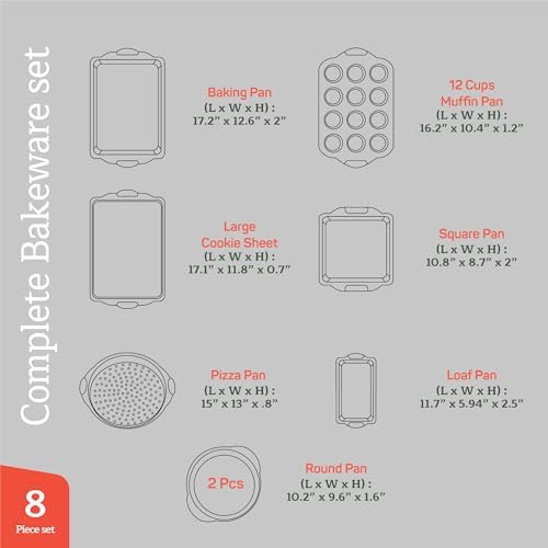Emporio Kitchen Baking Pan Set - Nonstick Coating, Carbon Steel Bakeware Sets with Gray Silicone Handles, PFOA, PFOS, PTFE Free, Recipe Booklet Included, Oven Safe Tray (Up To 450° F), Set of 8 - Gray