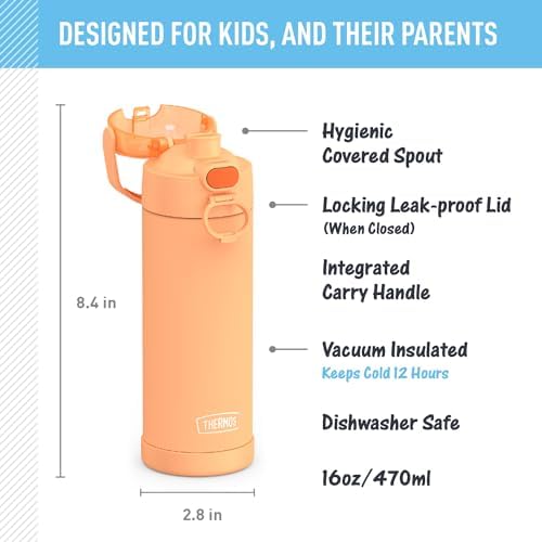 THERMOS FUNTAINER 16 Ounce Stainless Steel Vacuum Insulated Bottle with Wide Spout Lid,Orange,(Pack of 6)