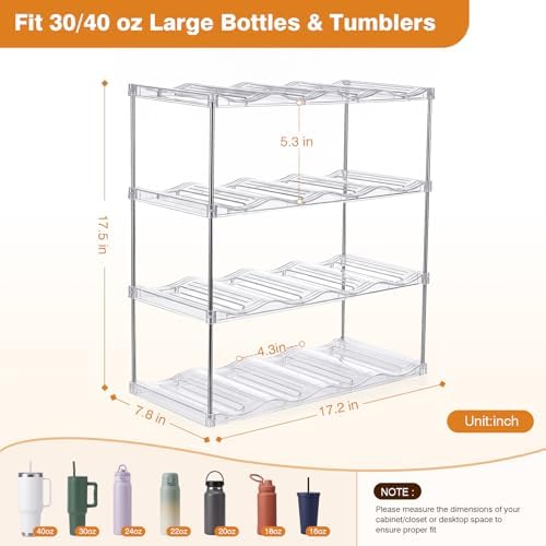 Large Compartment Water Bottle Organizer, Stackable Water Bottle Holder for Stanley 40 oz Tumbler, Clear Tumbler Organizer for Cabinet, Kitchen Pantry or Countertop, 3 Pack (4 Pack)