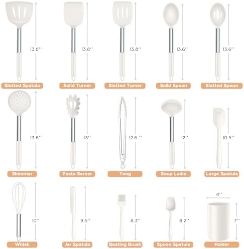 Onader Silicone Kitchen Utensils Set, 15pcs White Silicone Cooking Utensils Set with Holder, Includes Heat Resistant Spatula Turner Spoon Whisk Tong
