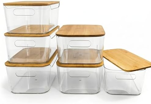 CiWiVOKi 6 Pack Clear Stackable Storage Bins with Bamboo Lids, 3.7L BPA-Free Plastic Organizer Containers with Handles, for Pantry, Kitchen, Fridge, Bathroom, Cabinet & Closet Organization