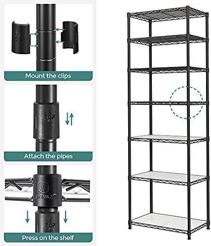 SONGMICS 7-Tier Storage Shelves, Adjustable Wire Shelving Unit, 8 Hooks