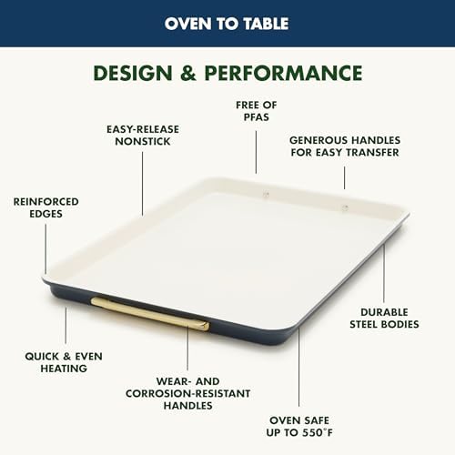 GreenPan Bakeware 13"x18" Half Baking Sheet Pan, Ceramic Nonstick Baking Pan, PFAS & BPA Free, Gold Handles, Durable Steel, Versatile & Space Saving Ovenware, Freezer to Oven Dish, Oxford Blue