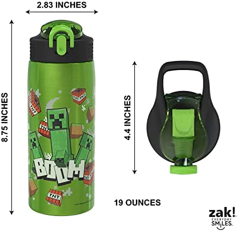 Zak Designs Minecraft Water Bottle for Travel and At Home, 19 oz Vacuum Insulated Stainless Steel with Locking Spout Cover, Built-In Carrying Loop, Leak-Proof Design (Creeper)