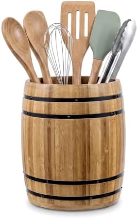 MyGift Wine Barrel Design Kitchen Utensil Crock, Light Brown Solid Bamboo Wood Cooking Tool Holder