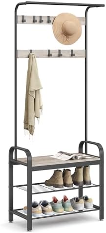VASAGLE Coat Rack, Hall Tree with Shoe Bench, 4-in-1, 9 Removable Hooks