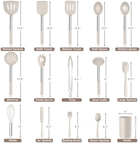 Onader Silicone Cooking Utensils Set of 15, Kitchen Utensils Set with Holder for Nonstick Cookware, 446°F Heat Resistant Stainless Steel Handle - Khaki