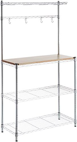 Amazon Basics 3 Tier Sturdy Baker's Rack with Kitchen Storage, Storage Shelf, Utility Storage, Removable Top, Hanging Bar, 14" x 35.83" x 63.31", Wood/Chrome