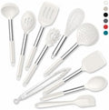 Onader 10 Pieces Silicone Kitchen Utensils Set, Cooking Utensils with Holder and Heat Resistant Stainless Steel Handle for Nonstick Cookware -White