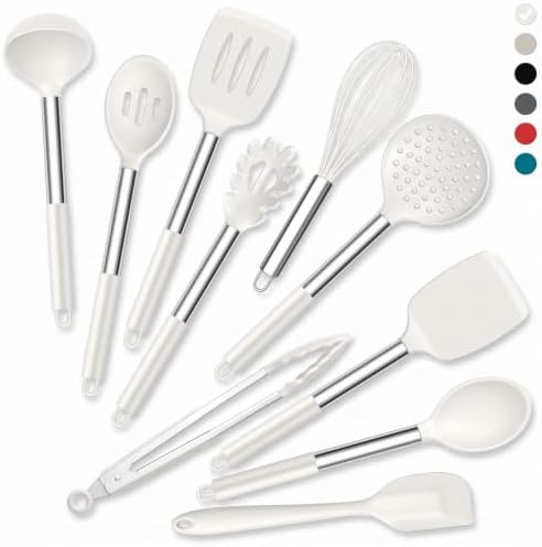 Onader 10 Pieces Silicone Kitchen Utensils Set, Cooking Utensils with Holder and Heat Resistant Stainless Steel Handle for Nonstick Cookware -White