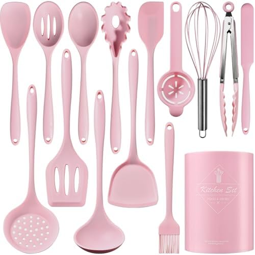 Silicone Kitchen Utensils Set - 428°F Heat Resistant Cooking Utensil Sets，Spatula,Turner,Tongs,Spoon,Whisk,Kitchen Utensil Gadgets Tools Set for Non-Stick Cookware，Dishwasher Safe BPA Free（Pink）