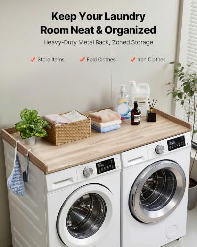 VEVOR Washer Dryer Countertop with 3 Splicing Panels, 54" x 27" Wooden Washer and Dryer Countertop with 2 Hooks, Water-Resistant Laundry Topper for Laundry Room Organization and Storage, Oak