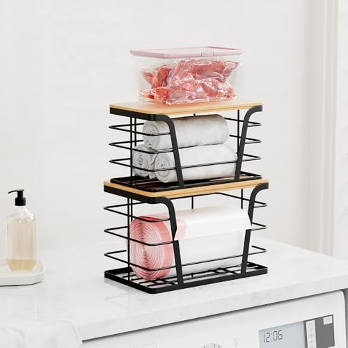 TIDIIABODE 2 Pack Stackable Storage Laundry Kitchen Organizers, Wall Mount Trash Bag Holder with Bamboo Top and Garbage Bag Dispenser No Drill
